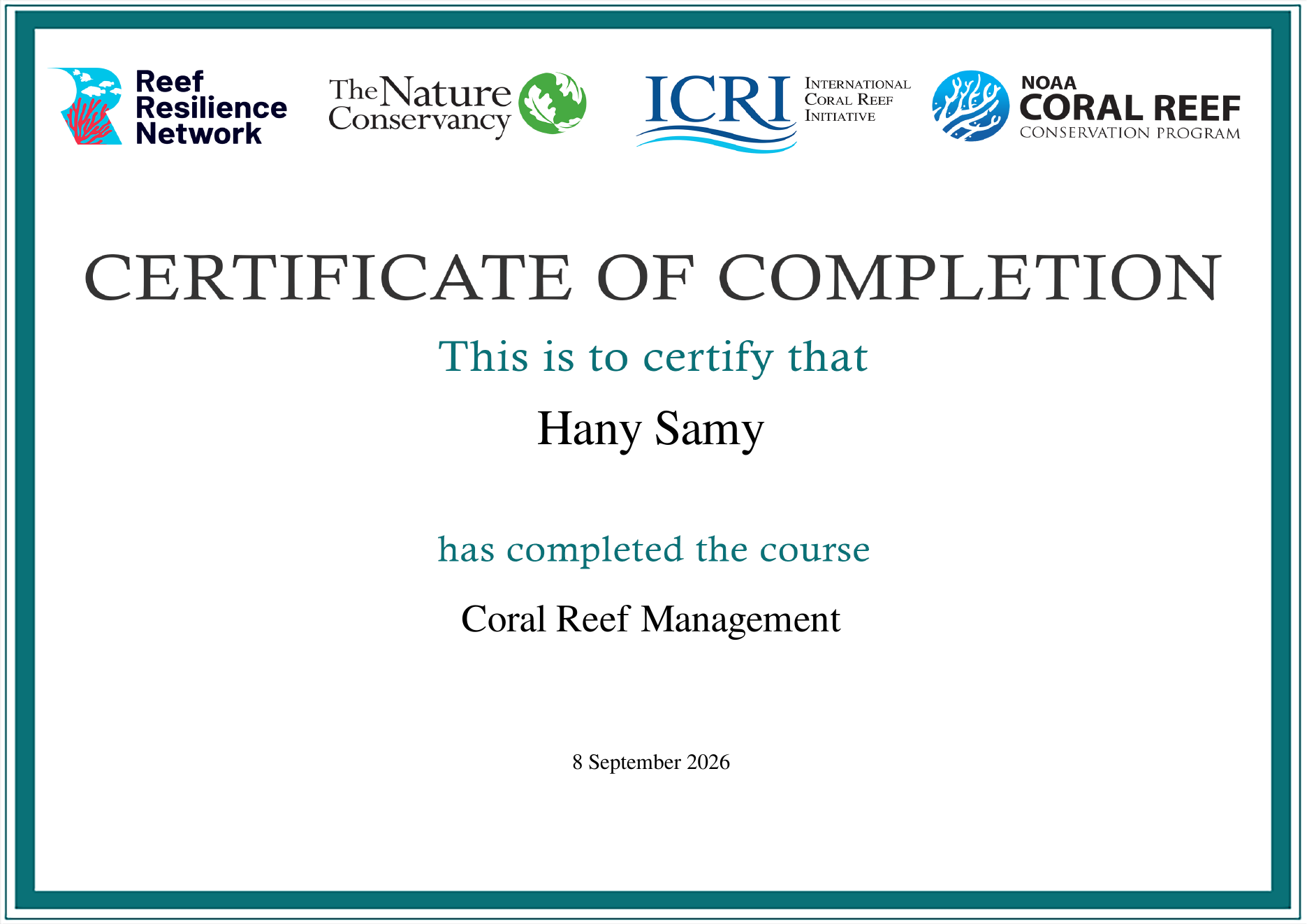 Coral Reef Management certificate