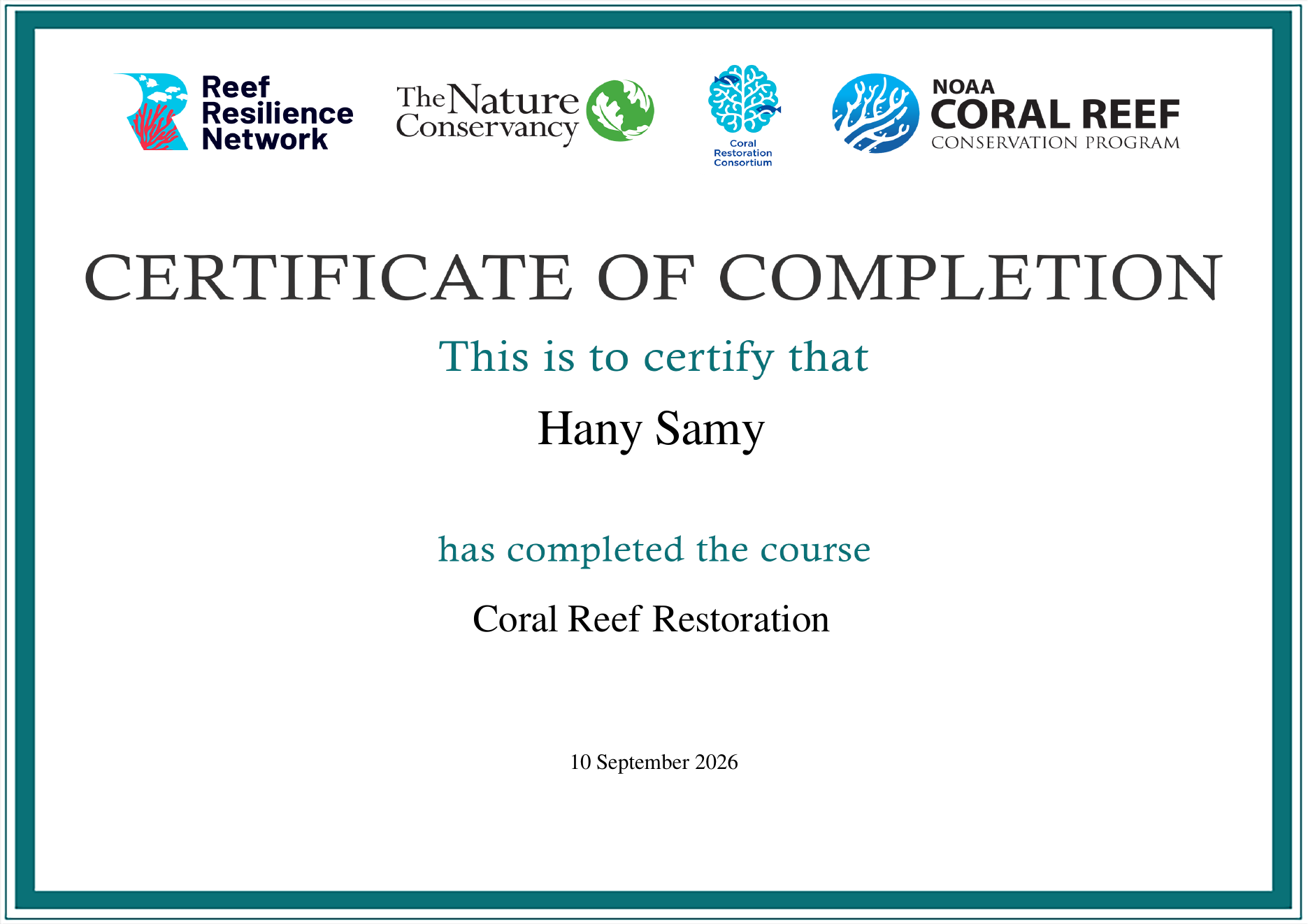 Coral Reef Restoration certificate