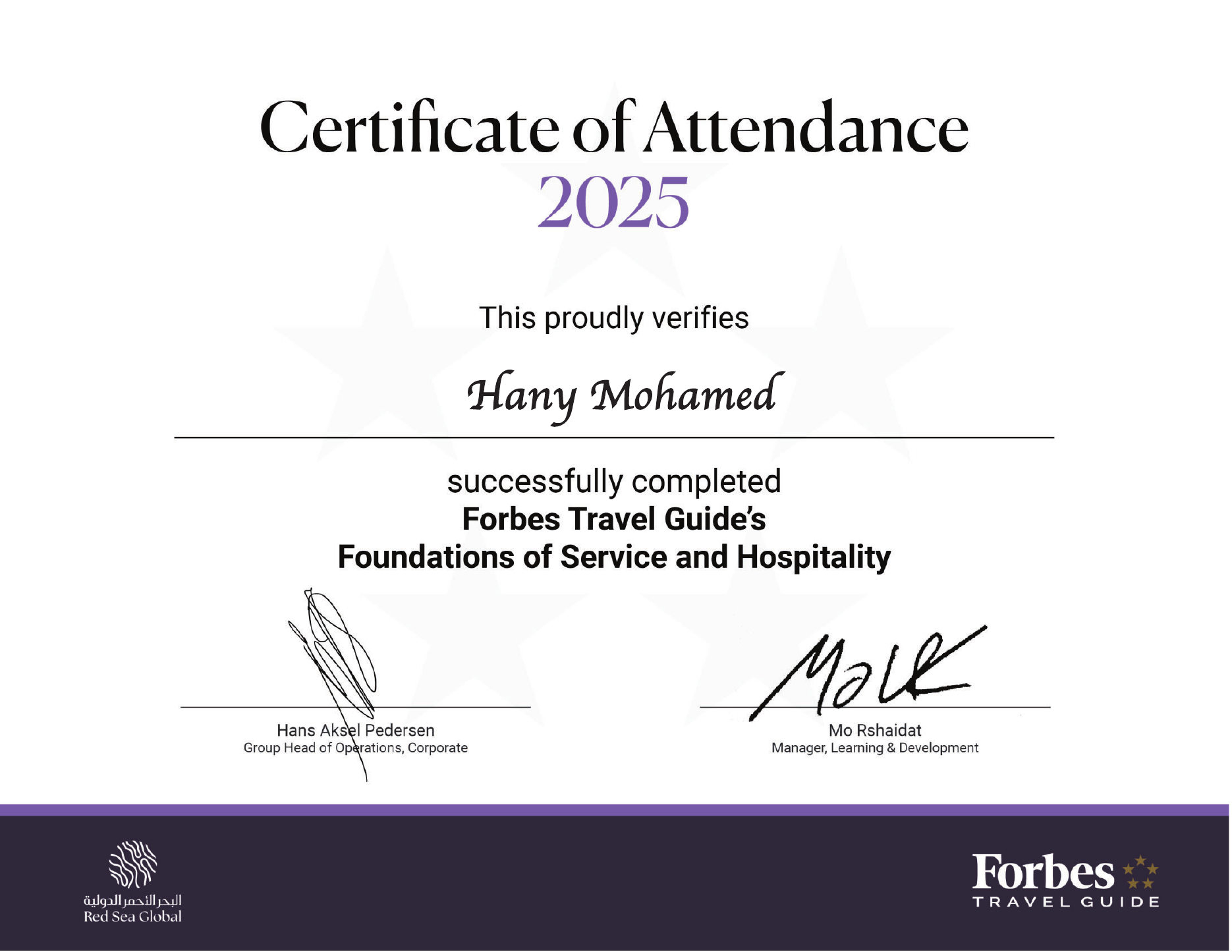 Forbes Travel Guide Foundations of Service and Hospitality certificate