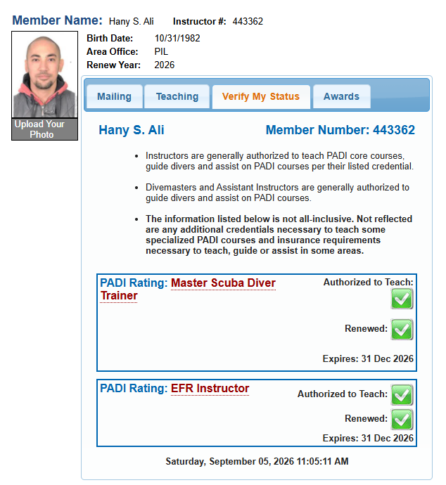 PADI member status details