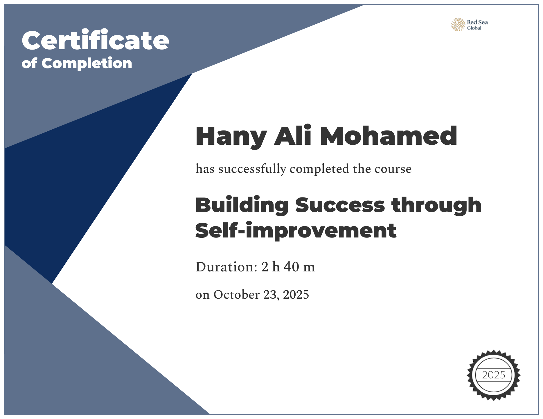 Building Success through Self-improvement certificate