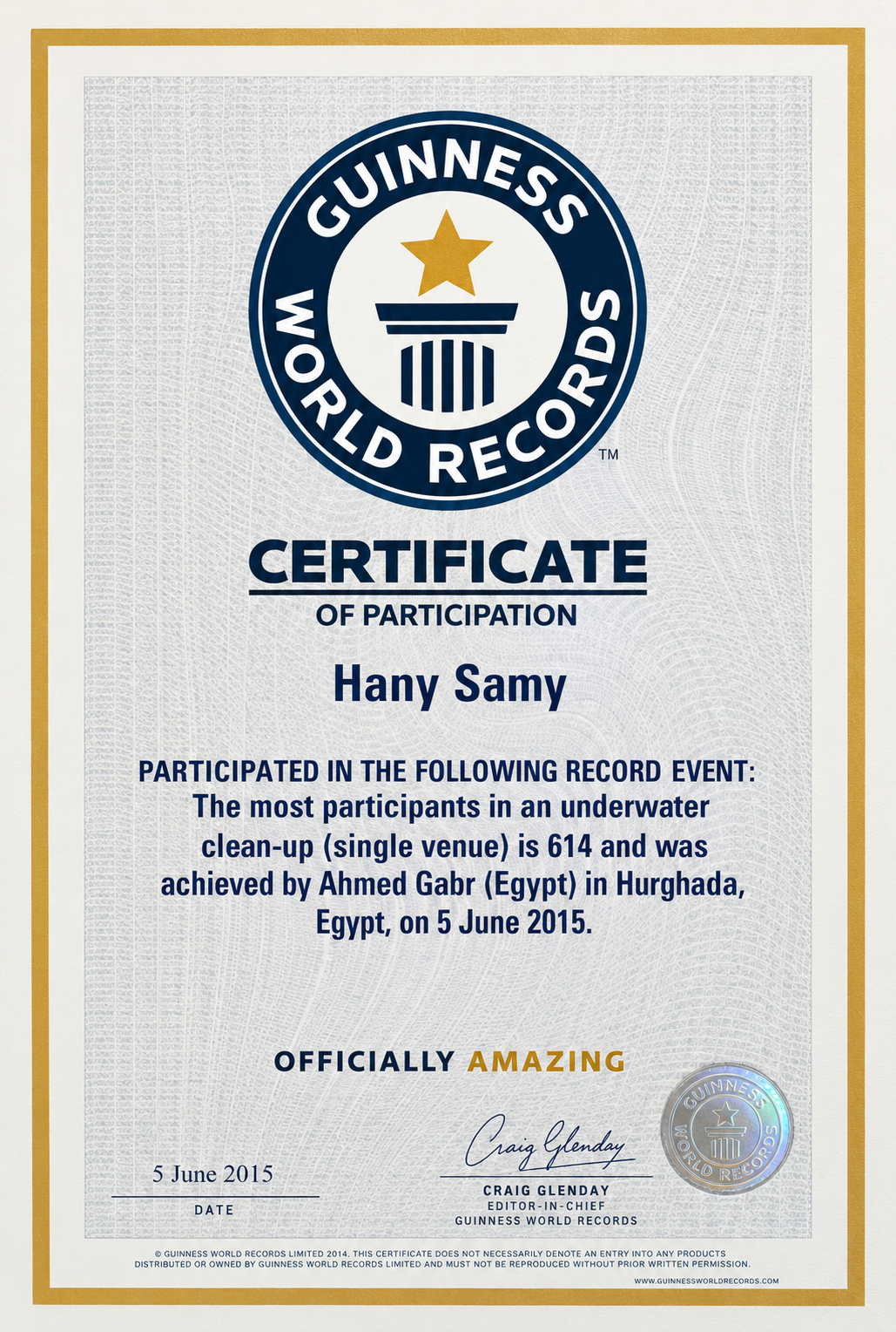 Guinness World Records certificate