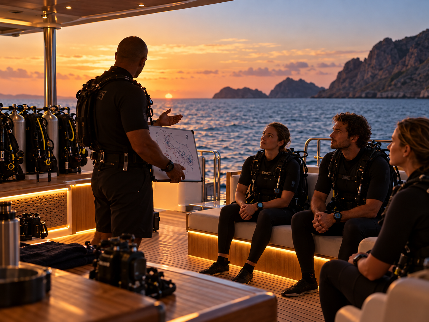 Luxury scuba briefing at sunset